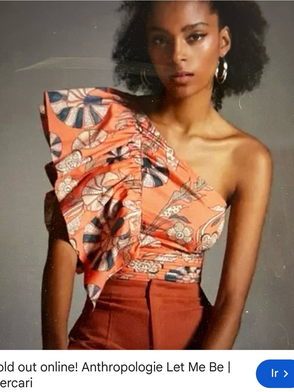 Anthropologie Coral One-Shoulder Ruffle Printed Top